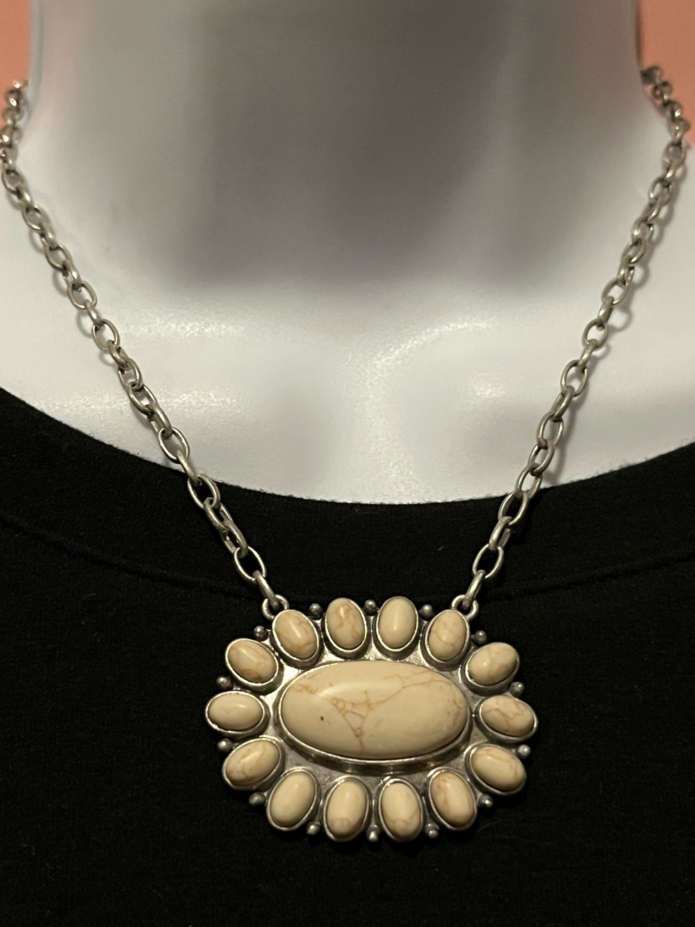 Estate White Sunburst Pendant Necklace